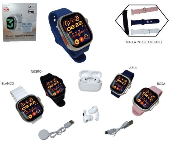 SET SMARTWATCH Y AURICULAR C/ 2 MALLAS